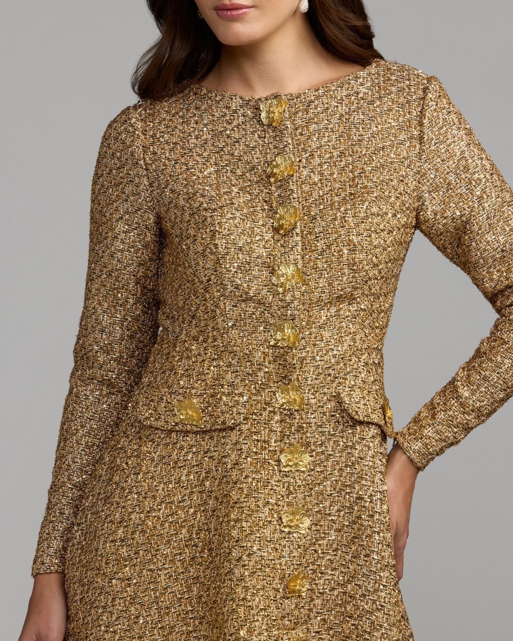 Mac Duggal #27888 gold metallic sequin bouclé midi dress