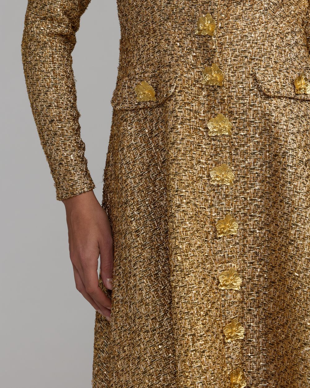 Mac Duggal #27888 gold metallic sequin bouclé midi dress
