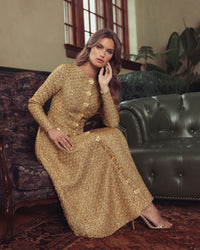 Mac Duggal #27888 gold metallic sequin bouclé midi dress