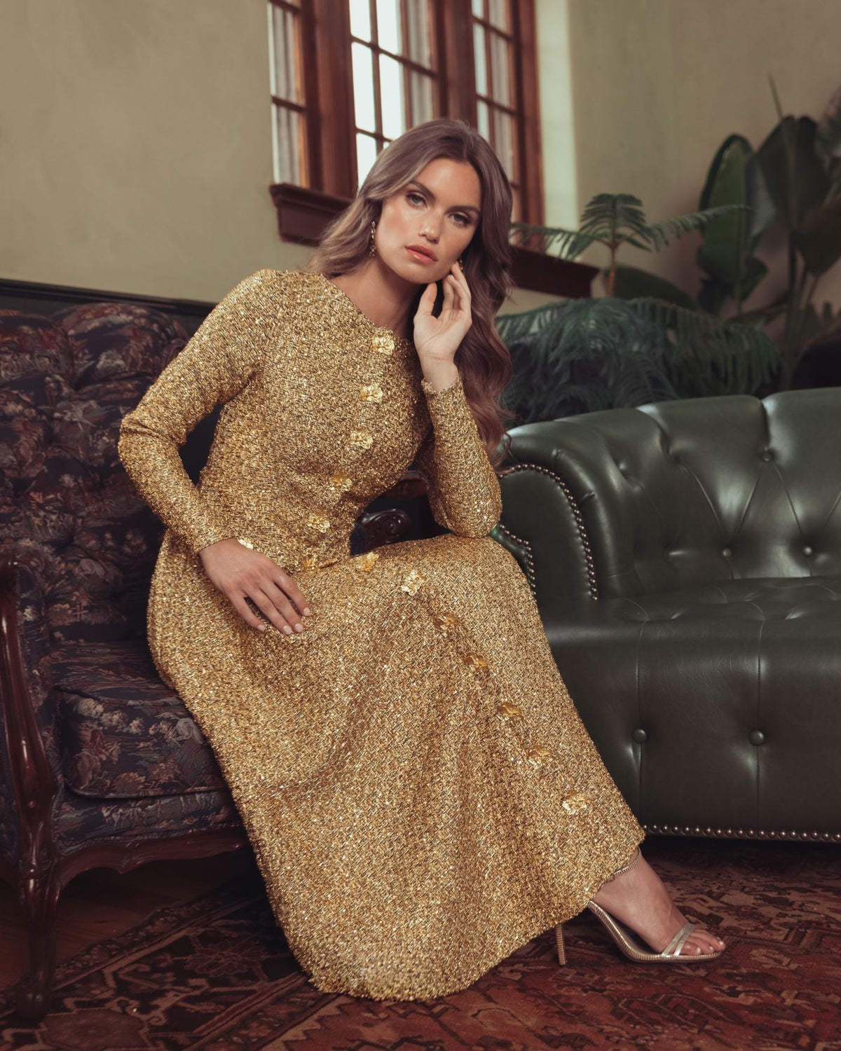 Mac Duggal #27888 gold metallic sequin bouclé midi dress