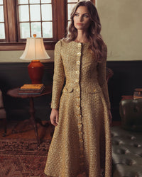 Mac Duggal #27888 gold metallic sequin bouclé midi dress