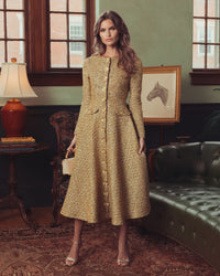 Mac Duggal #27888 gold metallic sequin bouclé midi dress
