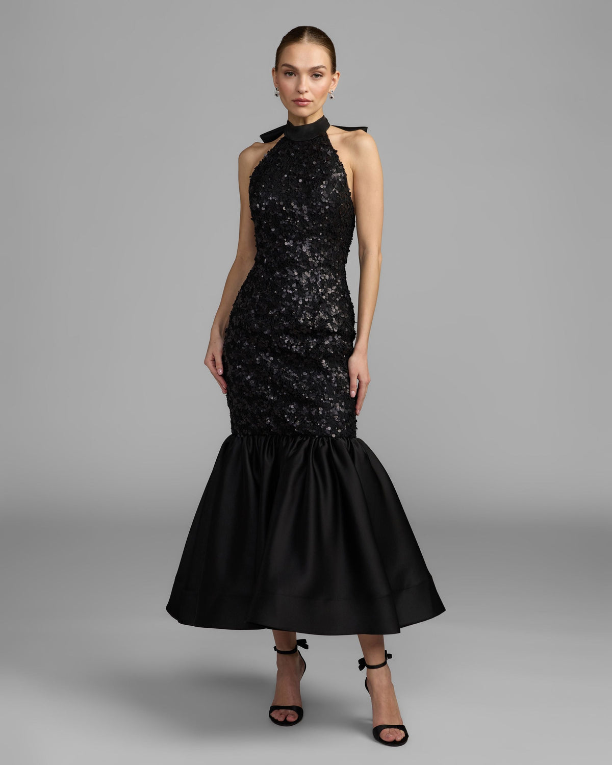 Mac Duggal #27893 black sequin halter bow midi dress