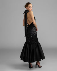 Mac Duggal #27893 black sequin halter bow midi dress back view