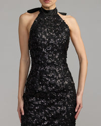 Mac Duggal #27893 black sequin halter bow midi dress close-up
