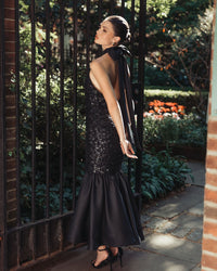 Mac Duggal #27893 black sequin halter bow midi dress back view