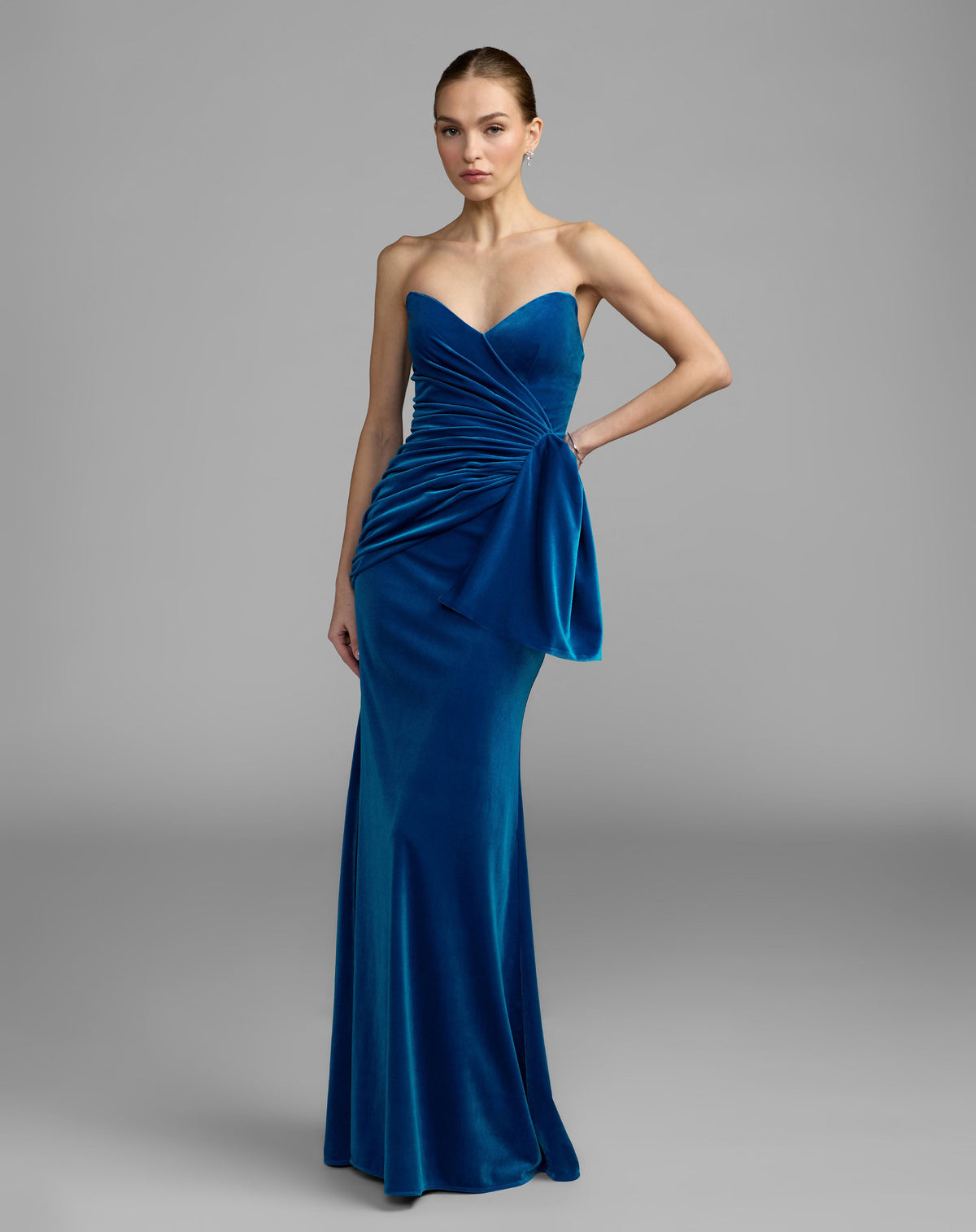 Mac Duggal #27894 Cobalt strapless velvet draped column gown