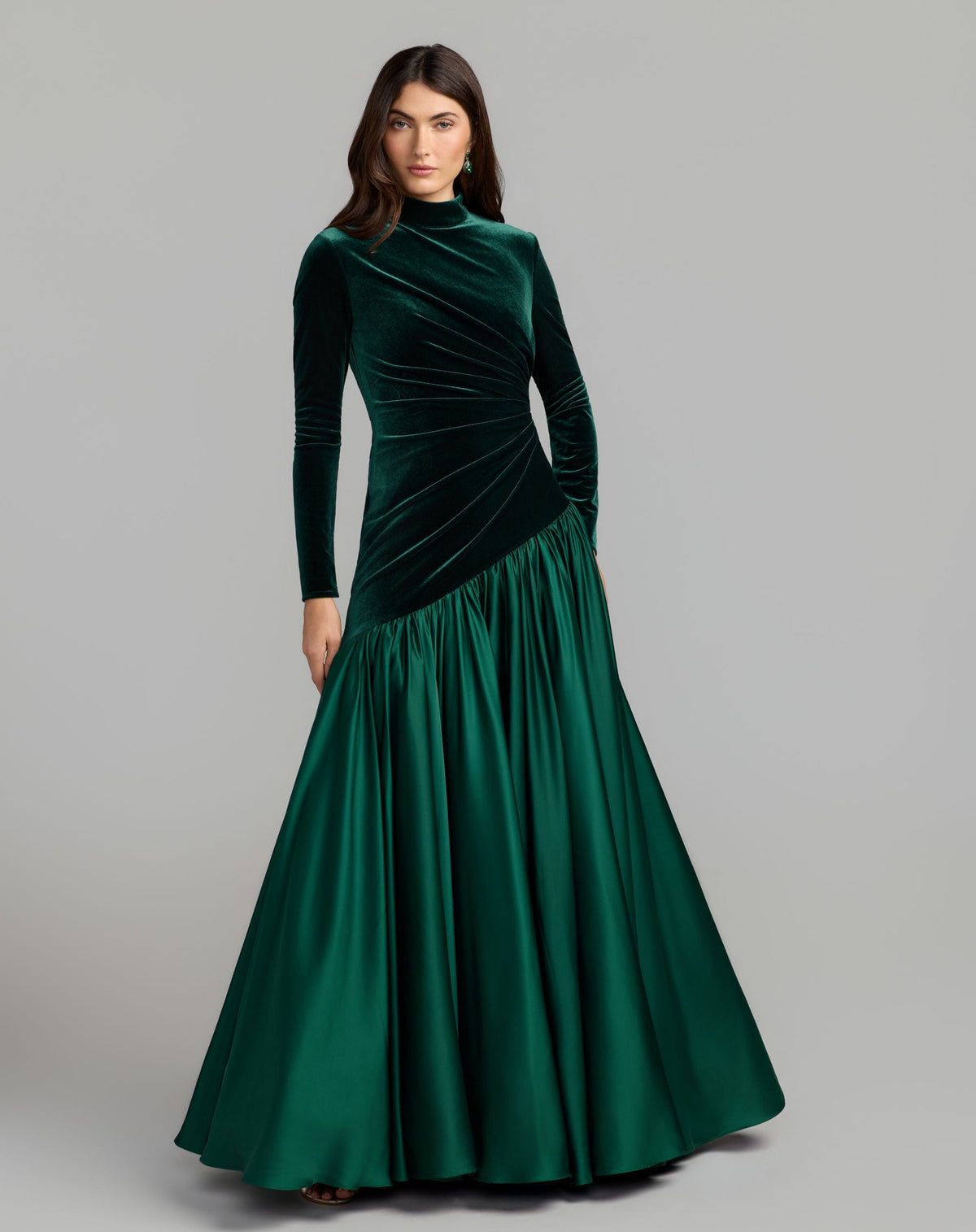 Mac Duggal #27897 Emerald velvet bodice long sleeve charmeuse gown