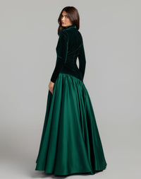 Mac Duggal #27897 Emerald velvet bodice long sleeve charmeuse gown