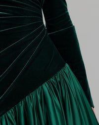 Mac Duggal #27897 Emerald velvet bodice long sleeve charmeuse gown