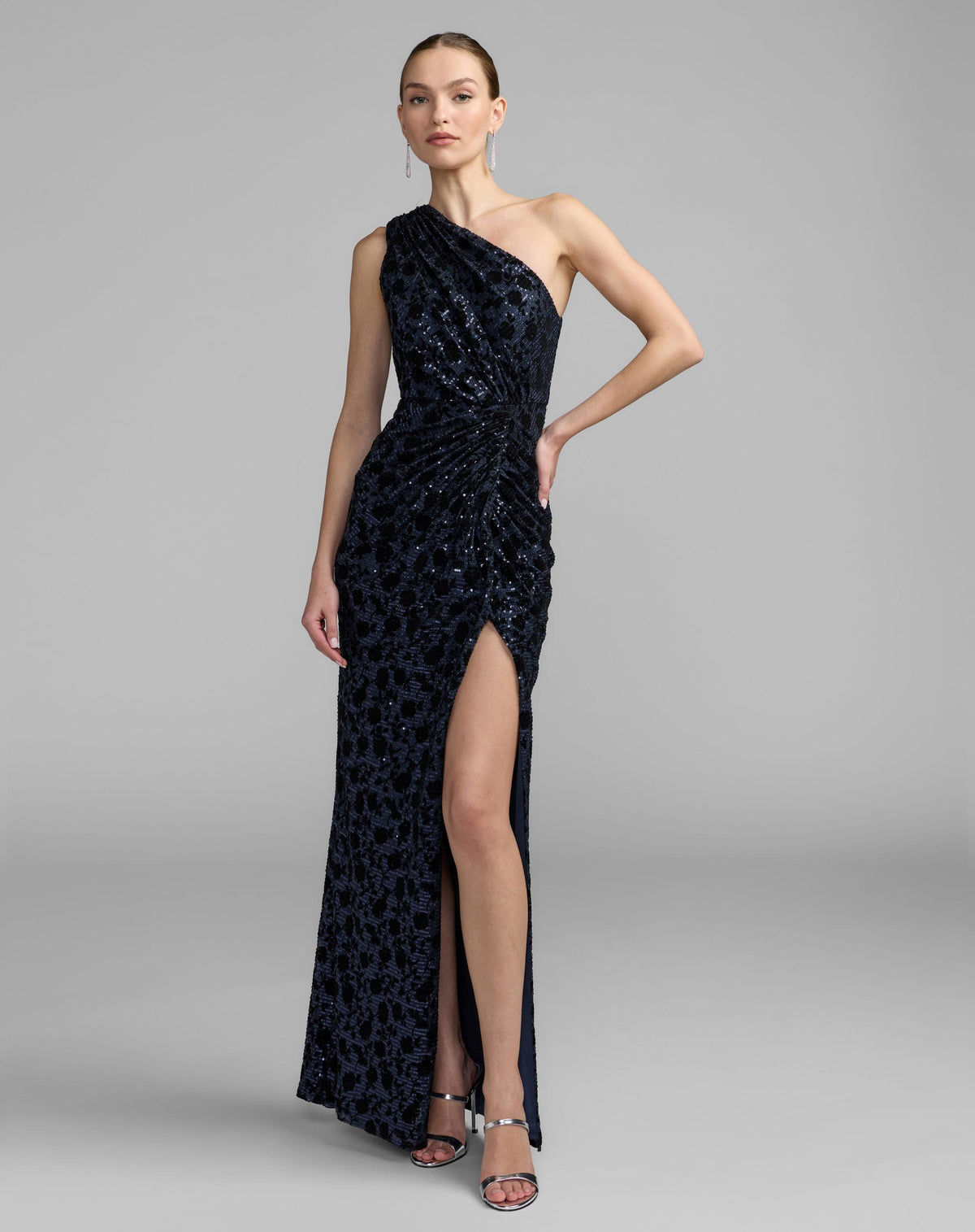 Mac Duggal #27900 Midnight floral one shoulder sequin gown with slit