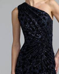 Mac Duggal #27900 Midnight floral one shoulder sequin gown with slit