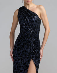 Mac Duggal #27900 Midnight floral one shoulder sequin gown with slit