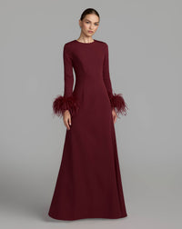 Mac Duggal #27928 garnet red feather cuff long sleeve a-line gown