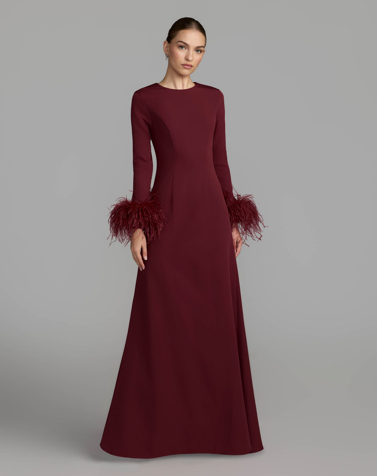 Mac Duggal #27928 garnet red feather cuff long sleeve a-line gown