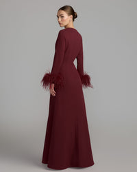 Mac Duggal #27928 garnet red feather cuff long sleeve a-line gown back view