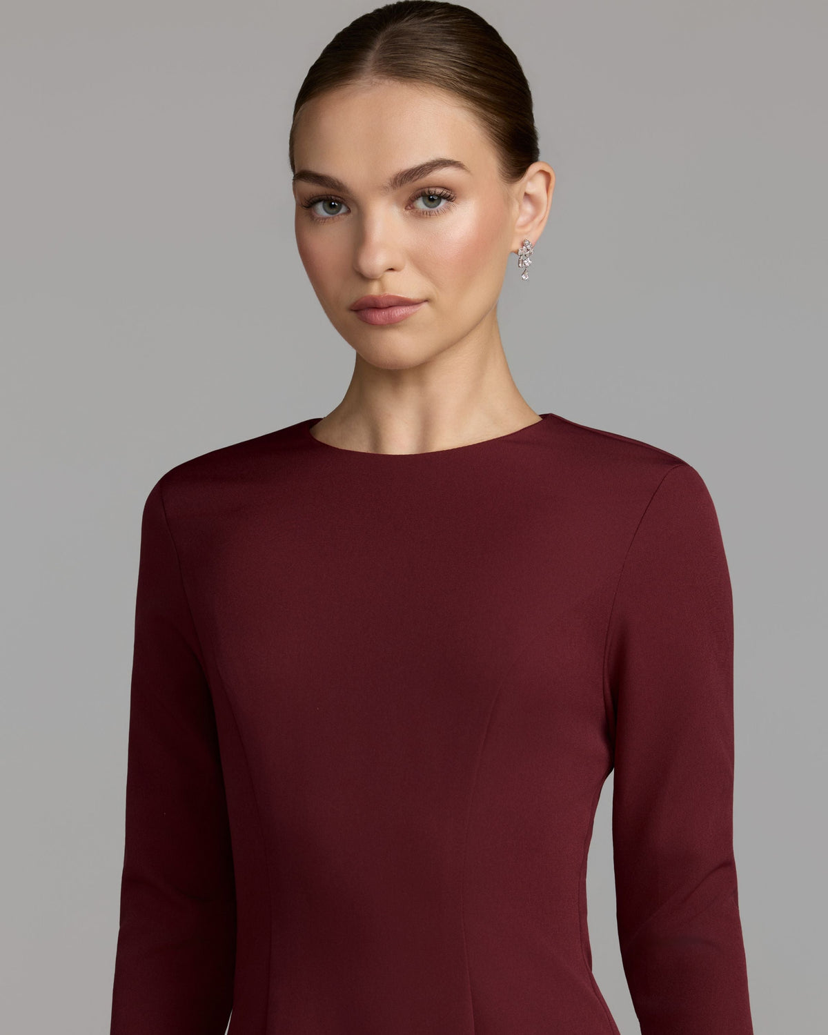 Mac Duggal #27928 garnet red feather cuff long sleeve a-line gown close-up