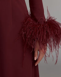 Mac Duggal #27928 garnet red feather cuff long sleeve a-line gown close-up