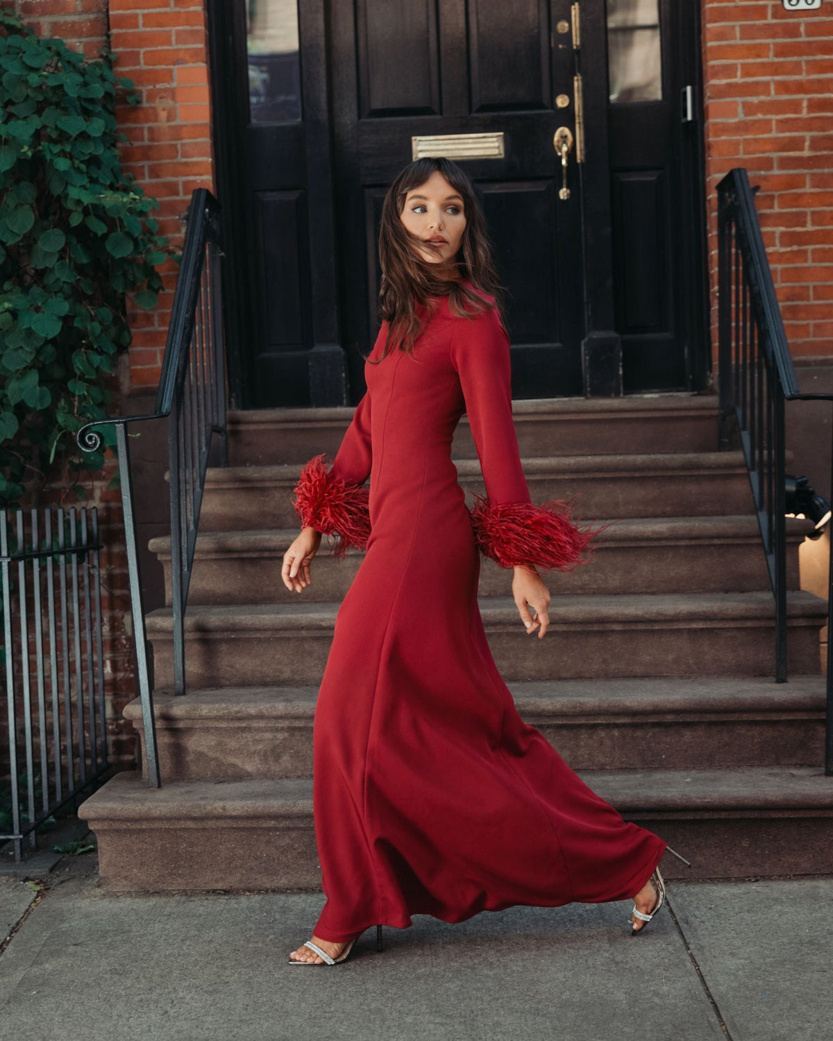 Mac Duggal #27928 garnet red feather cuff long sleeve a-line gown lifestyle