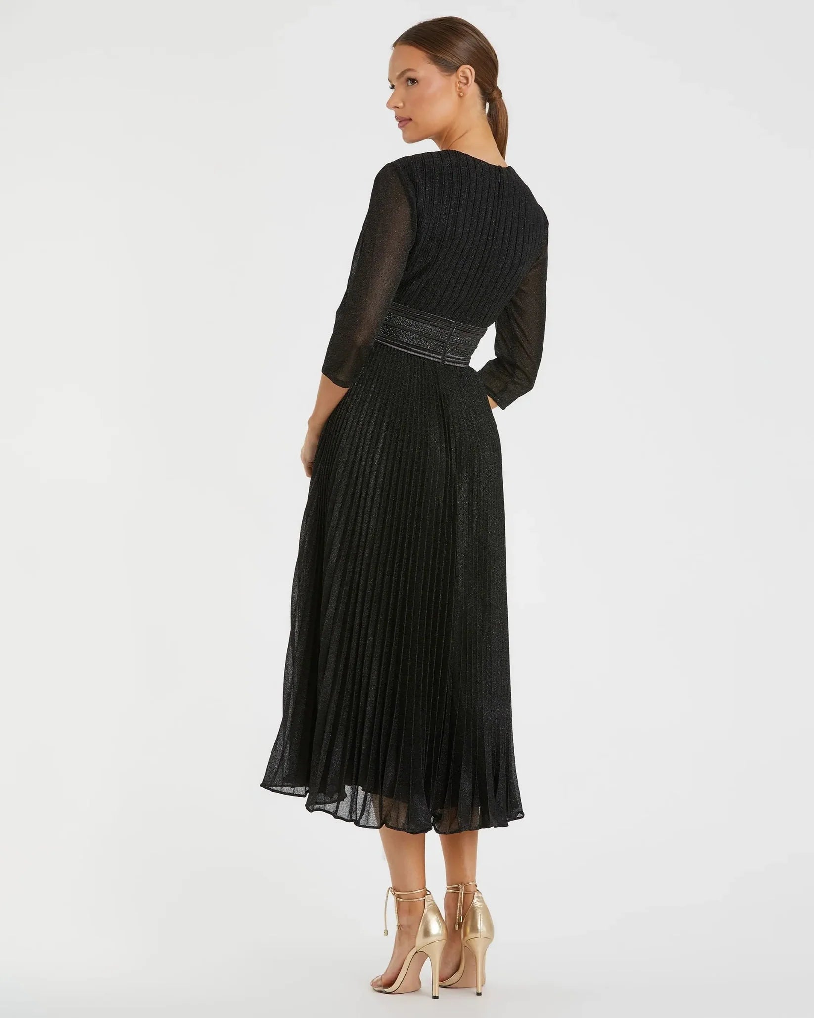 Mac Duggal 30750 Black shimmering 3/4 sleeve A-line midi dress - back