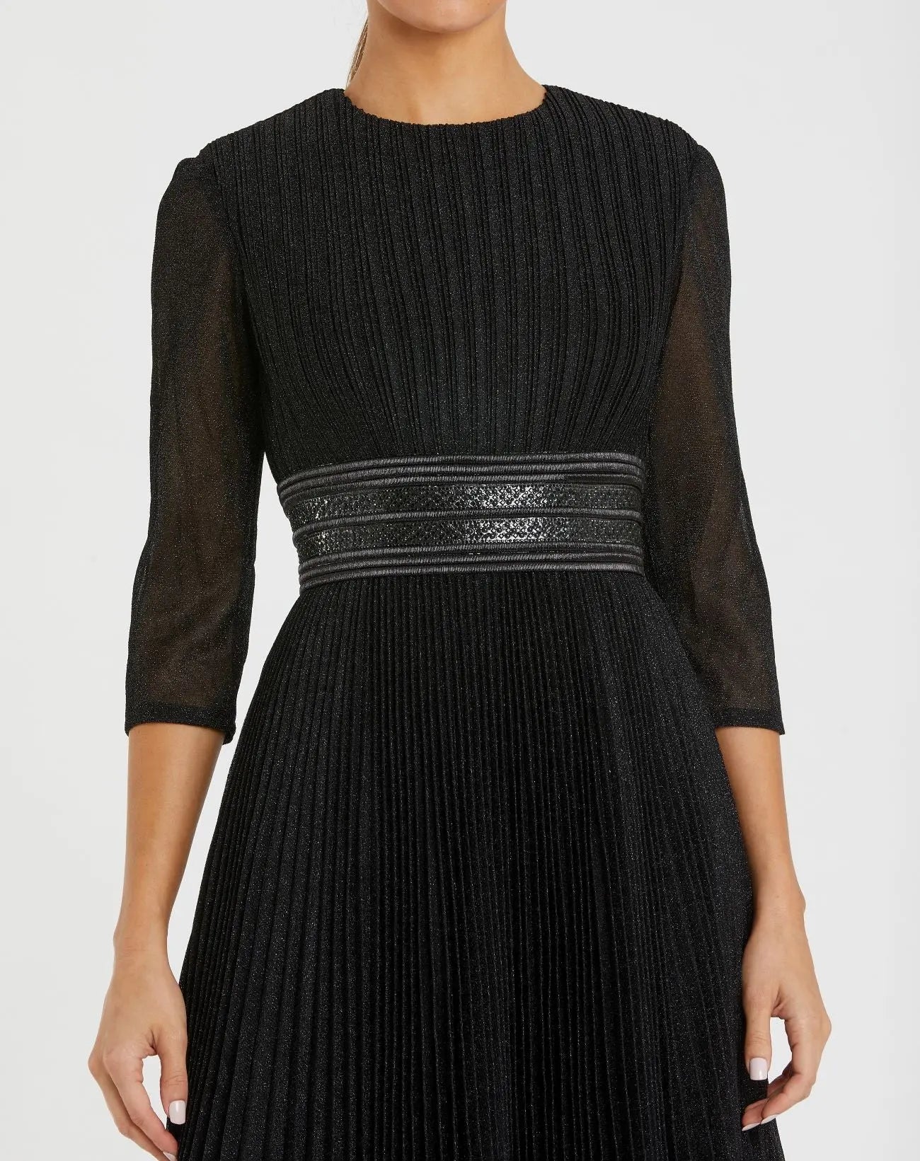 Mac Duggal 30750 Black shimmering 3/4 sleeve A-line midi dress - detail