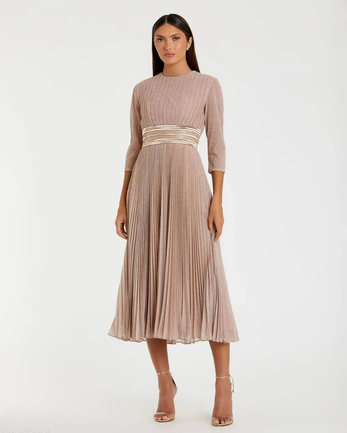 Mac Duggal 30750 Rose Gold shimmering 3/4 sleeve A-line midi dress - front
