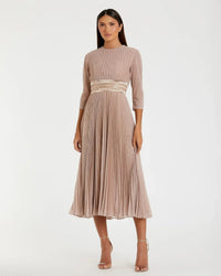 Mac Duggal 30750 Rose Gold shimmering 3/4 sleeve A-line midi dress - front
