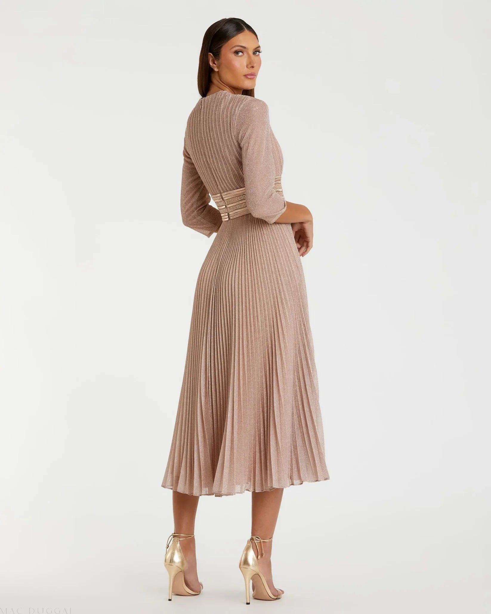 Mac Duggal 30750 Rose Gold shimmering 3/4 sleeve A-line midi dress - back