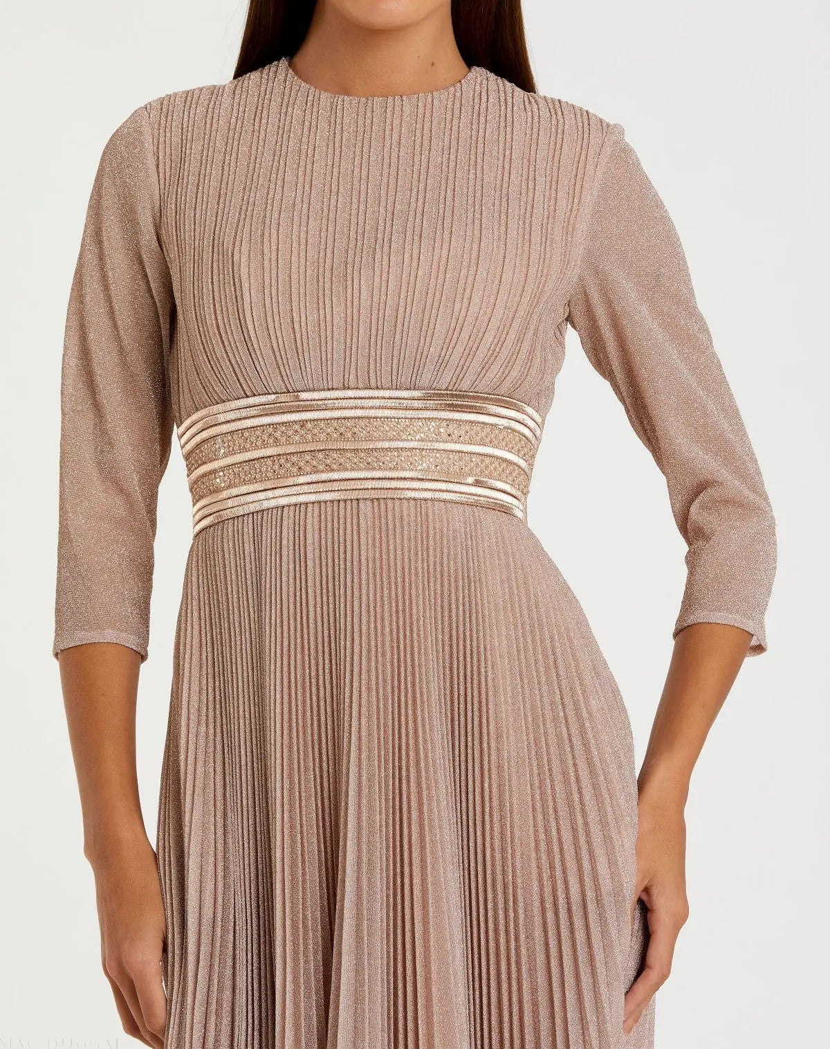Mac Duggal 30750 Rose Gold shimmering 3/4 sleeve A-line midi dress - detail