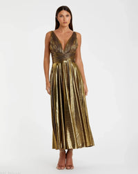 Mac Duggal #30761 antique gold sleeveless v neck pleated top metallic dress