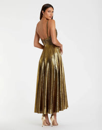 Mac Duggal #30761 antique gold sleeveless v neck pleated top metallic dress