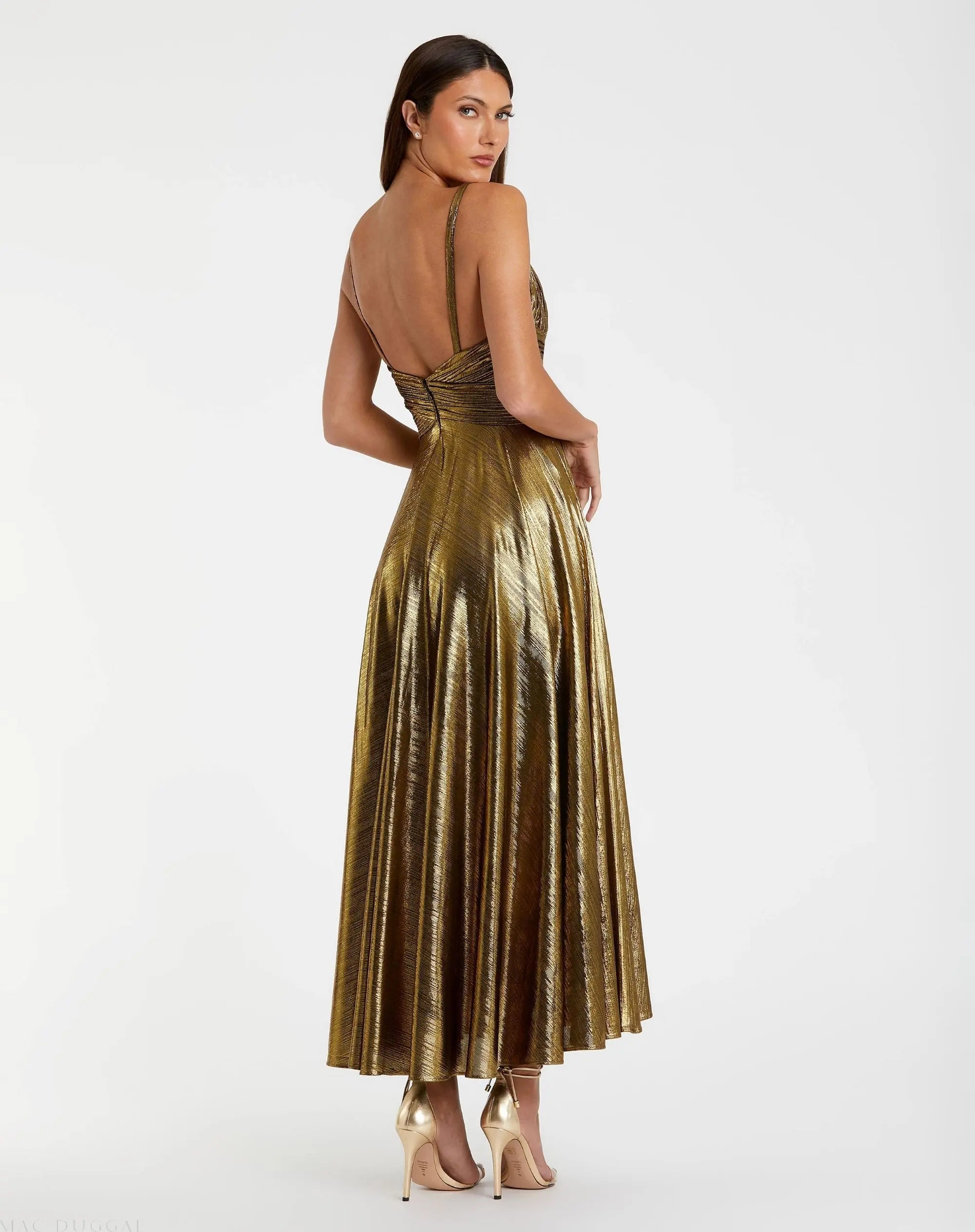 Mac Duggal #30761 antique gold sleeveless v neck pleated top metallic dress