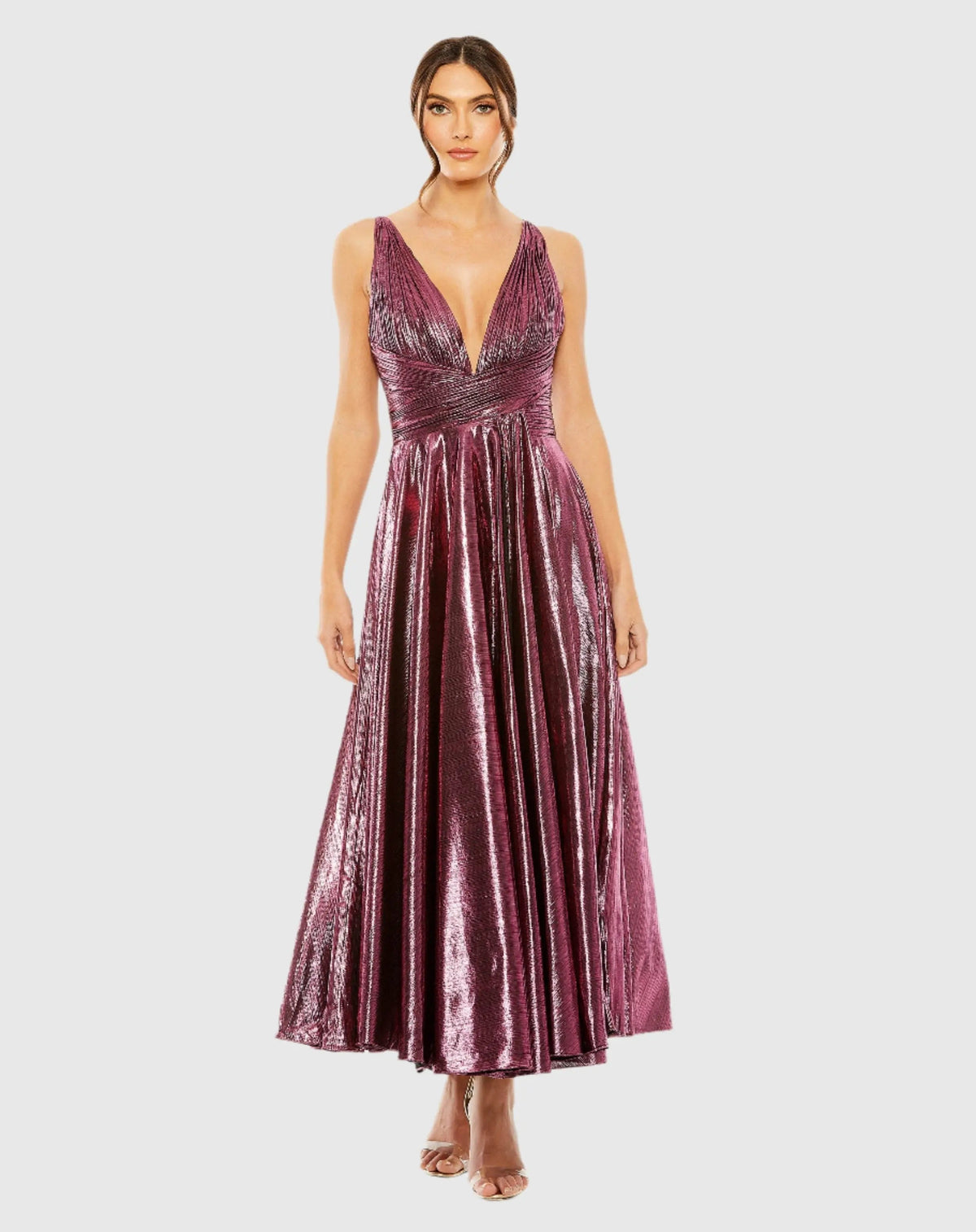 Mac Duggal #30761 rose sleeveless v neck pleated top metallic dress