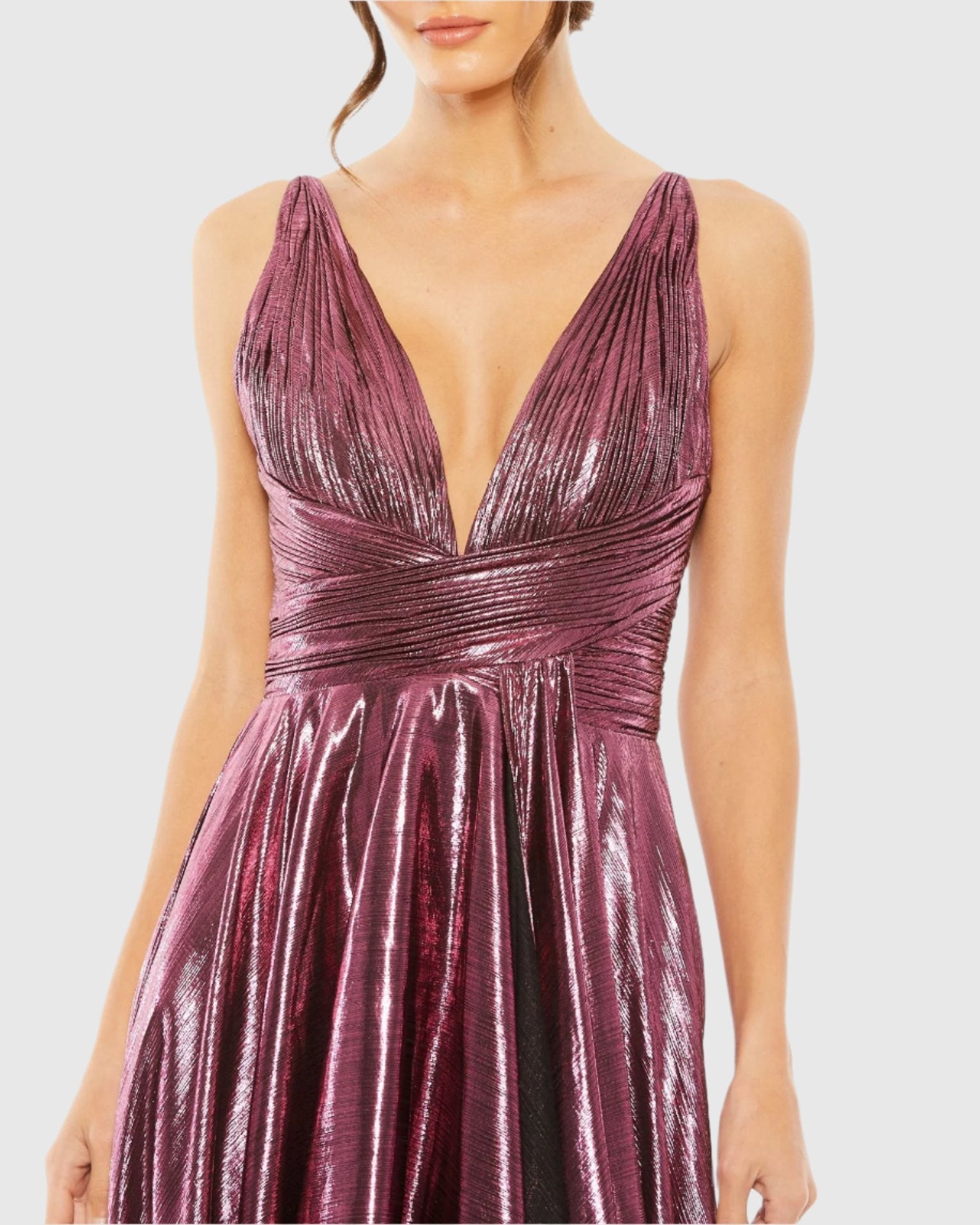Mac Duggal #30761 rose sleeveless v neck pleated top metallic dress
