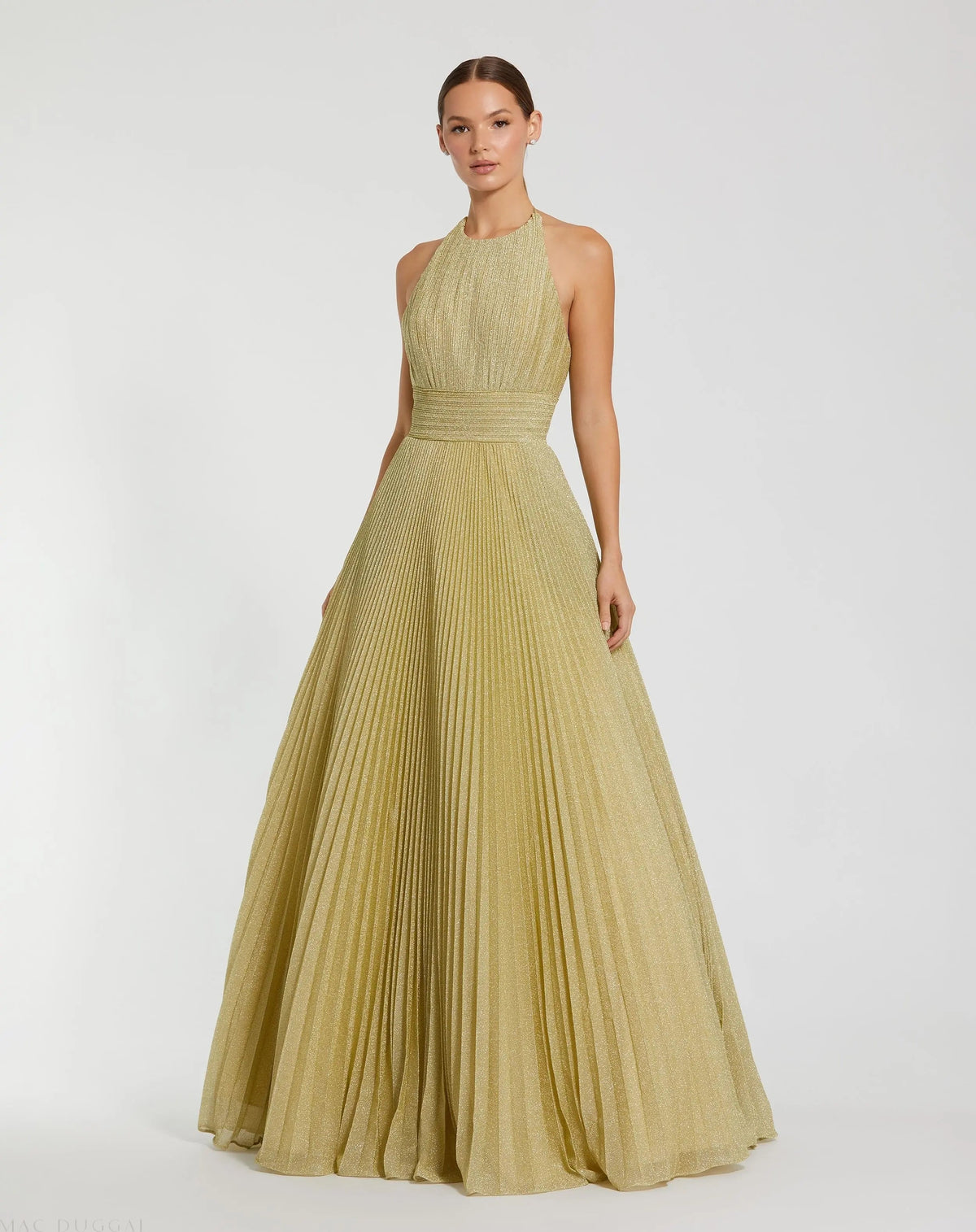 Mac Duggal 30772 Gold shimmering pleated high neck ball gown - Front