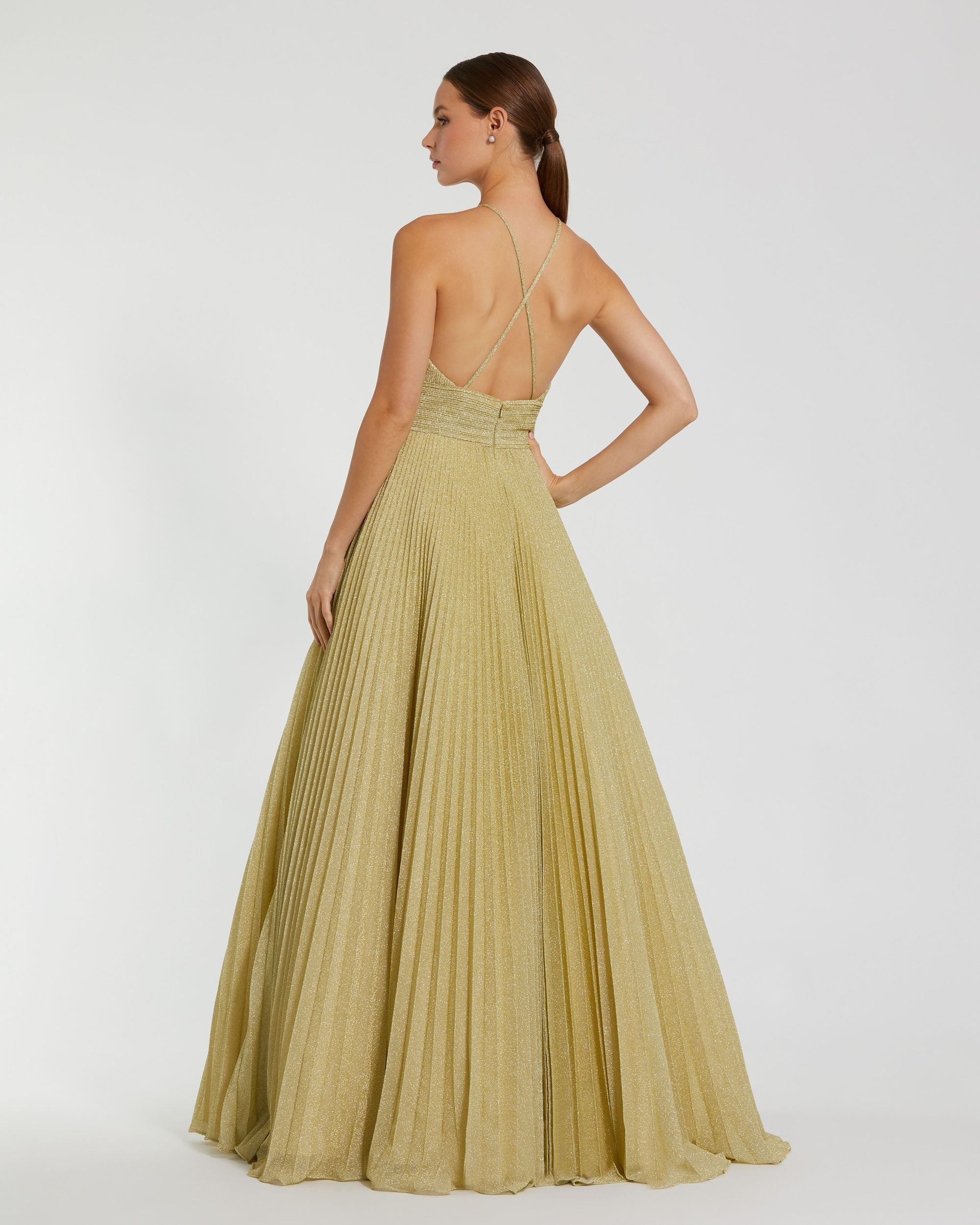 Mac Duggal 30772 Gold shimmering pleated high neck ball gown - Back view