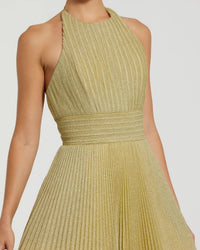 Mac Duggal 30772 Gold shimmering pleated high neck ball gown - Close up detail