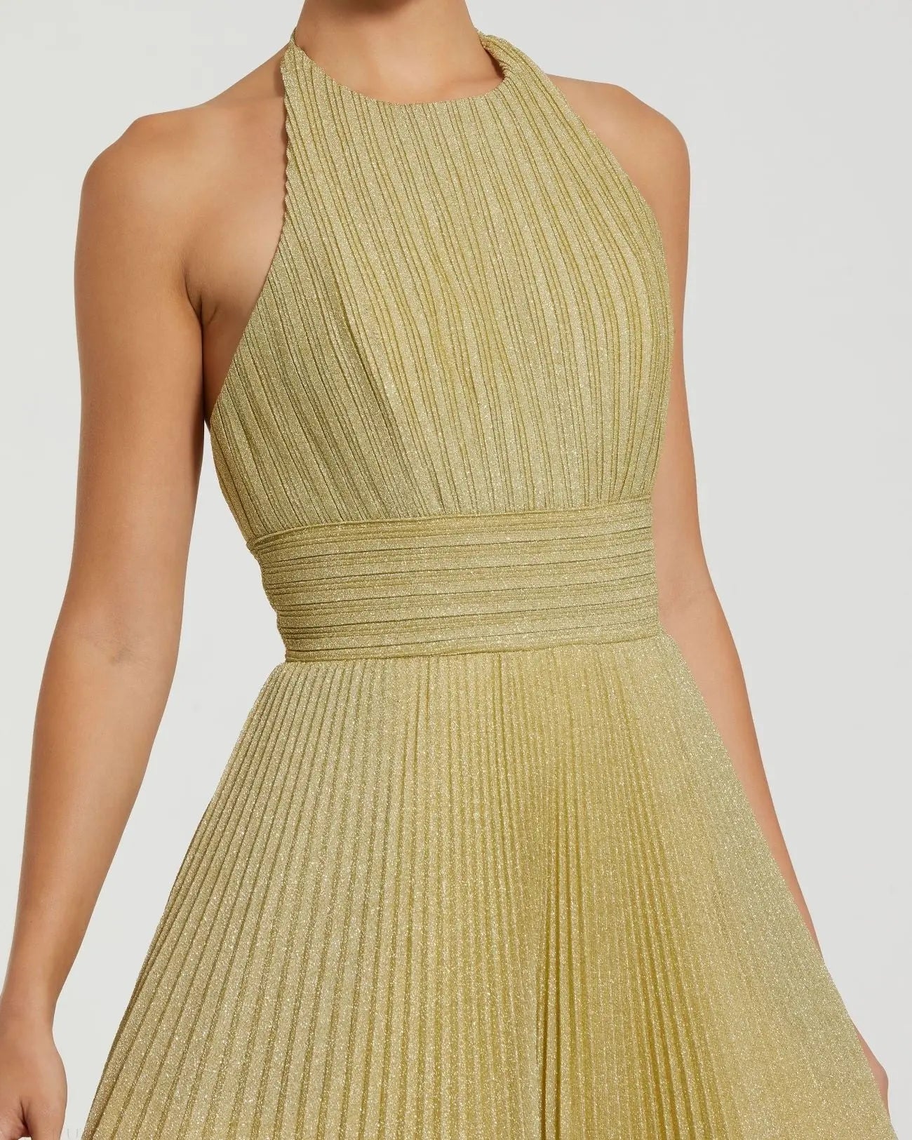 Mac Duggal 30772 Gold shimmering pleated high neck ball gown - Close up detail