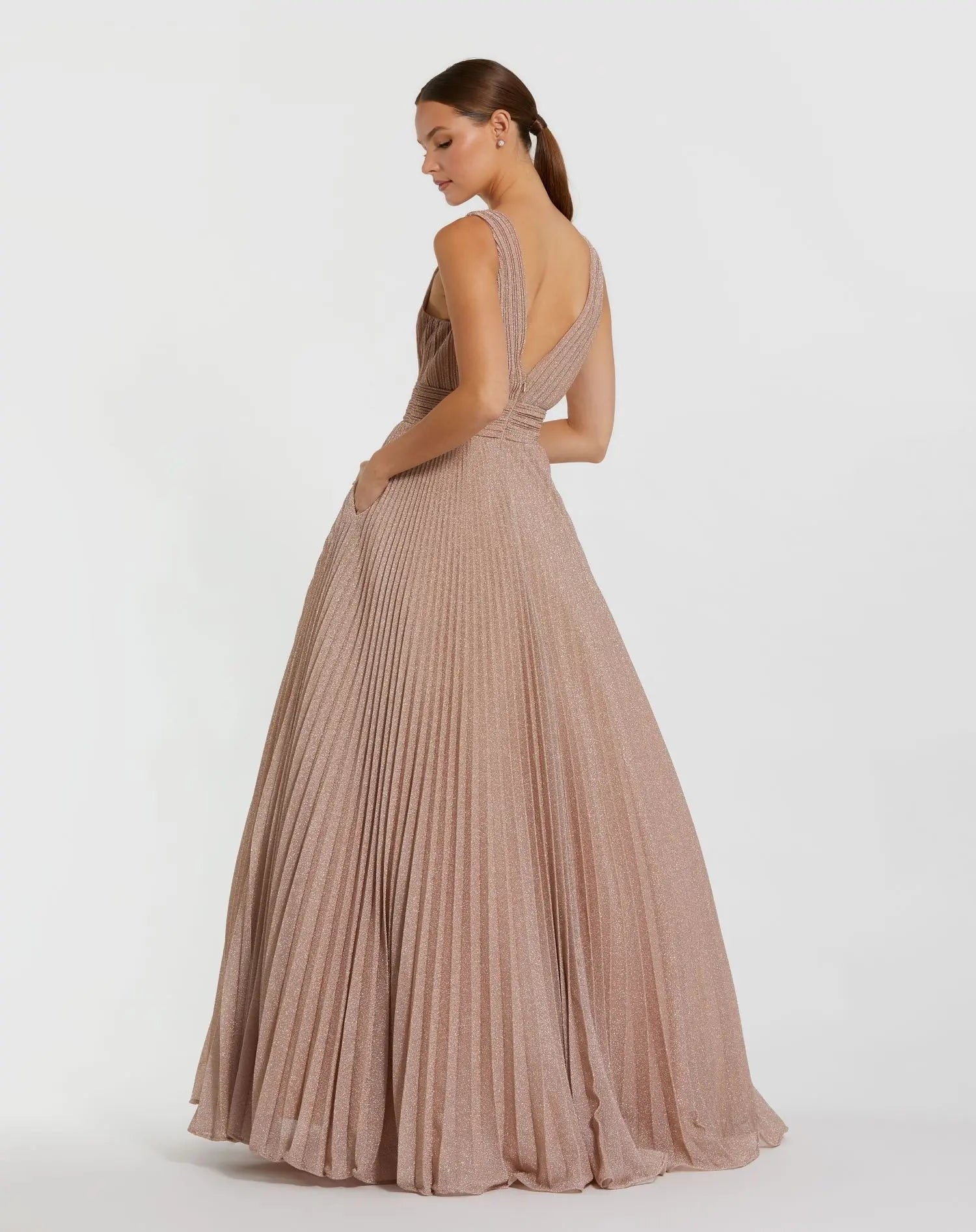 Pink Shimmering Pleated Sleeveless Gown - Back