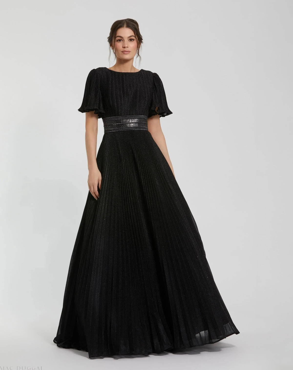 Mac Duggal 30776 Black pleated shimmering flutter sleeve ball gown - Front