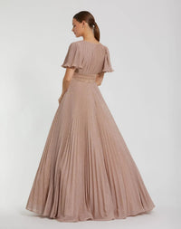 Pink Pleated Shimmering Flutter Sleeve Ball Gown - Back