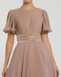 Pink Pleated Shimmering Flutter Sleeve Ball Gown - Close Up