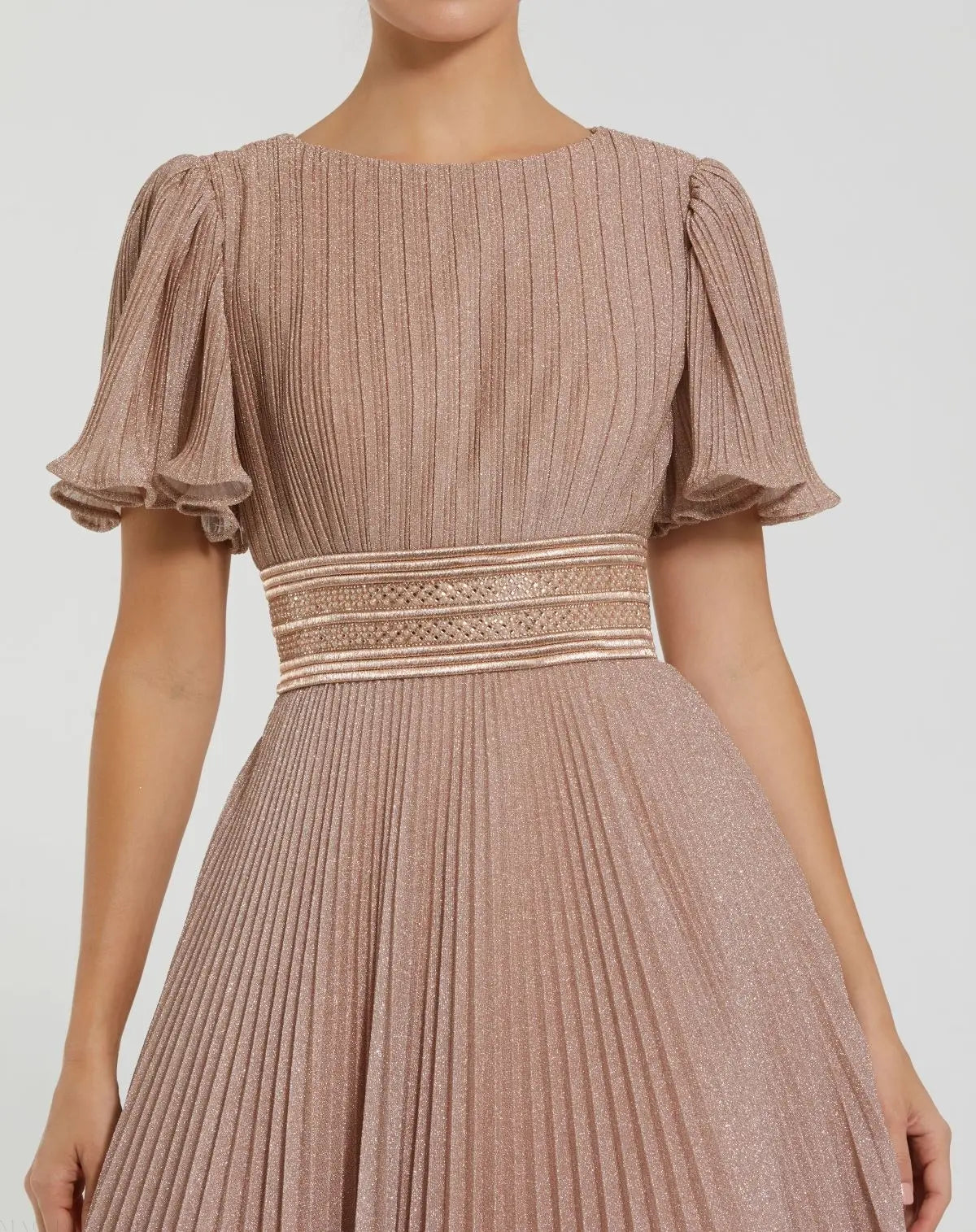 Pink Pleated Shimmering Flutter Sleeve Ball Gown - Close Up