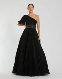 Mac Duggal 30777 Black pleated shimmering one shoulder gown - Front