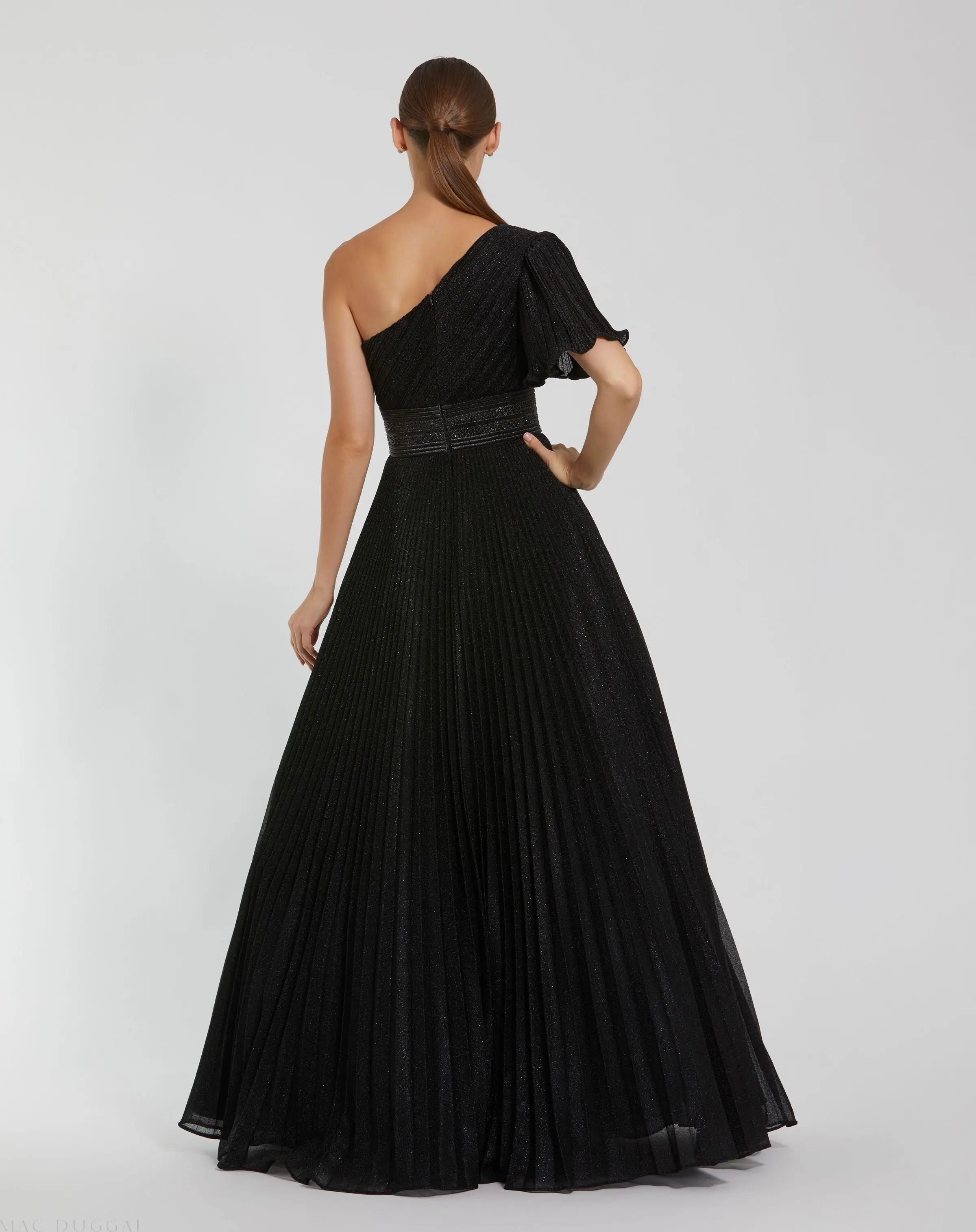 Mac Duggal 30777 Black pleated shimmering one shoulder gown - Back view