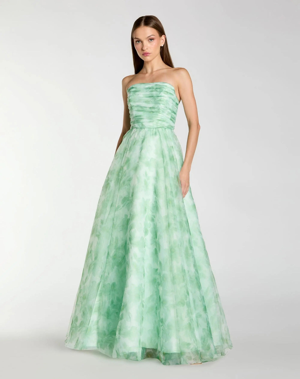 Mac Duggal #30783 sage multi strapless floral chiffon gown with ruched detail