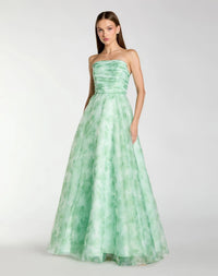 Mac Duggal #30783 sage multi strapless floral chiffon gown with ruched detail