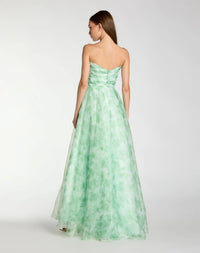 Mac Duggal #30783 sage multi strapless floral chiffon gown with ruched detail