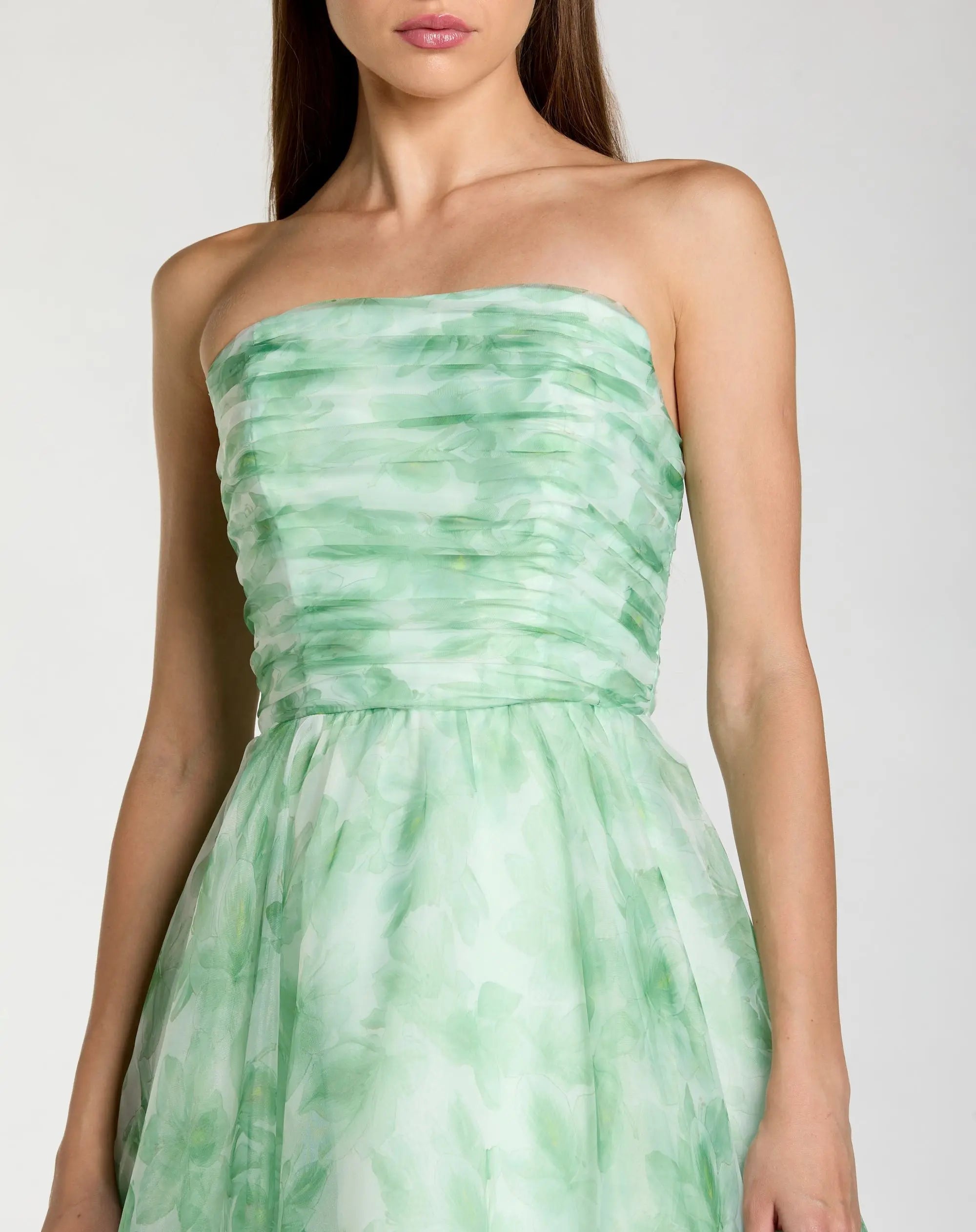 Mac Duggal #30783 sage multi strapless floral chiffon gown with ruched detail