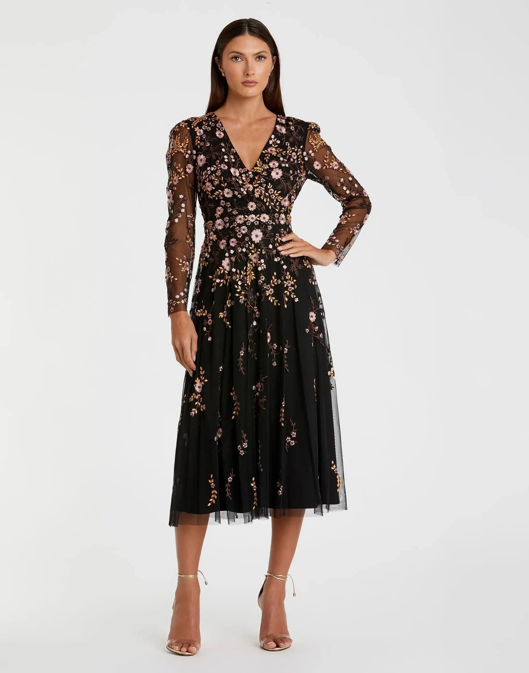 Mac Duggal 35103 Black Multi floral embroidered A-line cocktail dress - Front